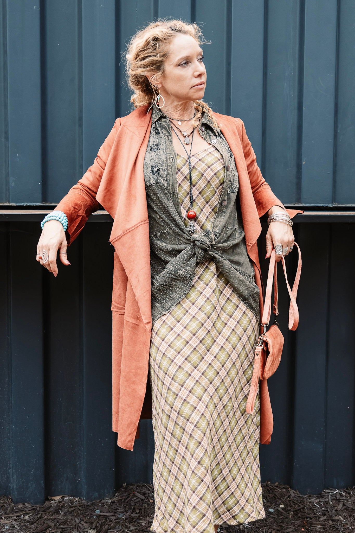 The Hannah Suede Long Coat in Copper - SpiritedBoutiques Boho Hippie Boutique Style Coat, BIZ