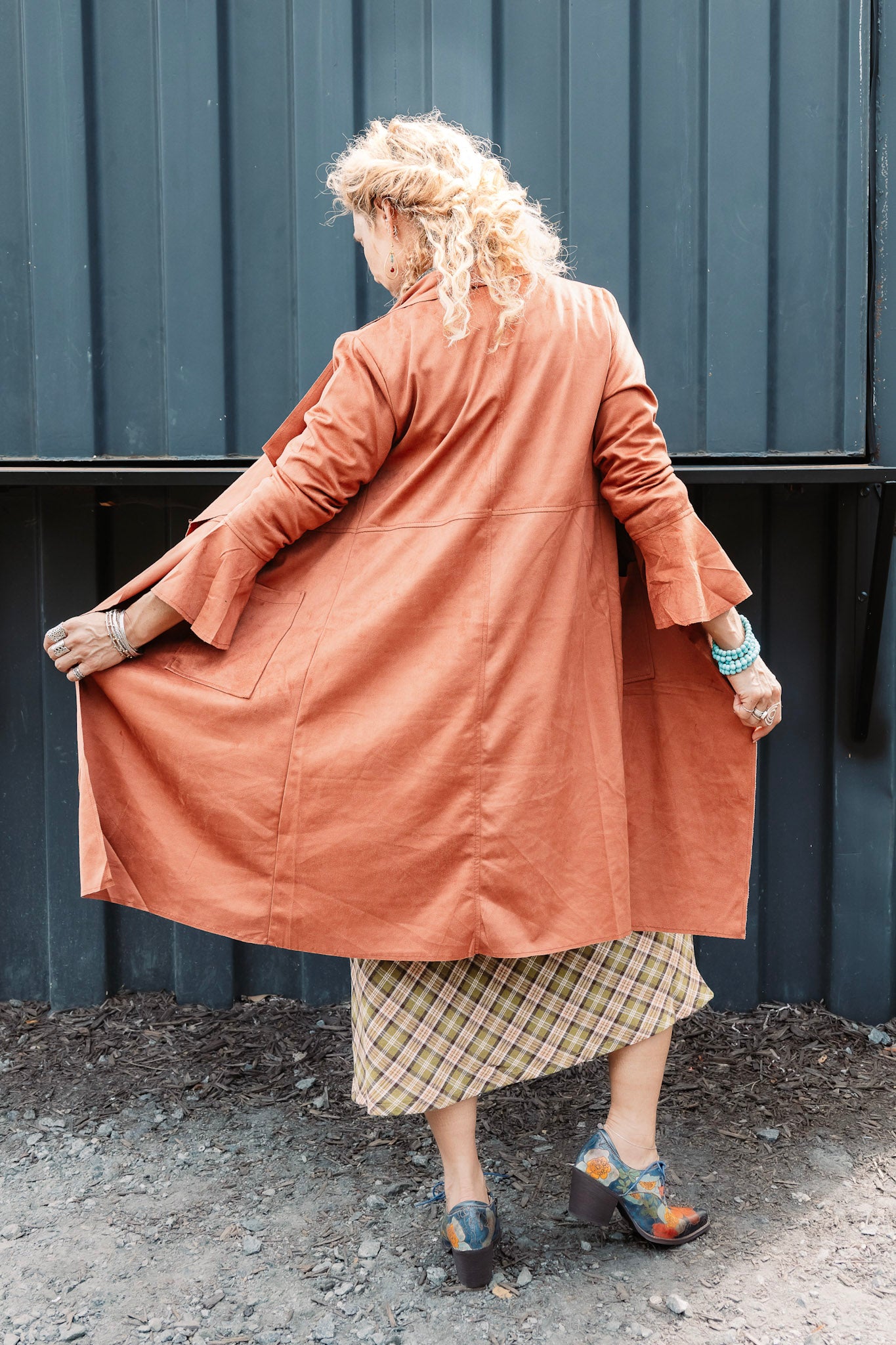 The Hannah Suede Long Coat in Copper - SpiritedBoutiques Boho Hippie Boutique Style Coat, BIZ