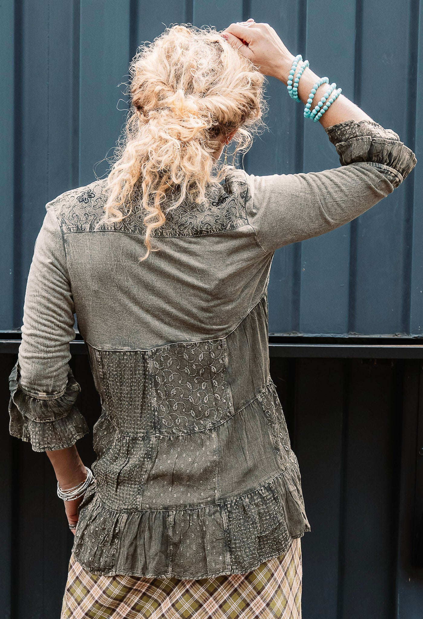 The Rheannon Ruffle Blouse in Gravel - SpiritedBoutiques Boho Hippie Boutique Style Blouse, Young Threads