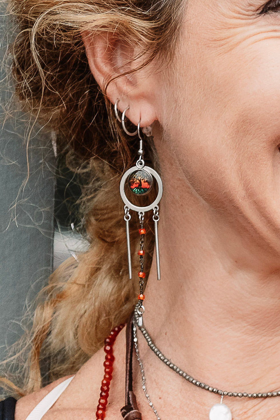 Tri-Drop Statement Earrings in Tree Of Life Color - SpiritedBoutiques Boho Hippie Boutique Style Earrings, Spirit Lala