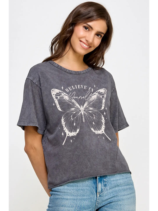 Believe In Yourself Butterfly Tee in Vintage Charcoal