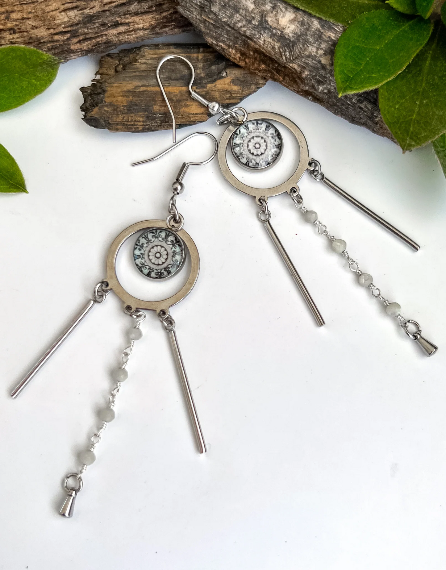 Spirit Lala Tri-Drop Statement Earrings in Tan Mandala - SpiritedBoutiques Boho Hippie Boutique Style Earrings, Spirit Lala