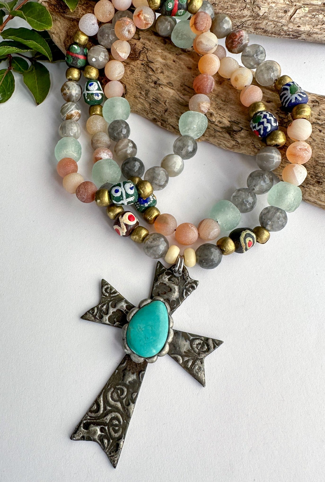 The Scroll Turquoise Cross Necklace in Peach Mix - SpiritedBoutiques Boho Hippie Boutique Style Necklace, Spirit Lala Vintage Coin