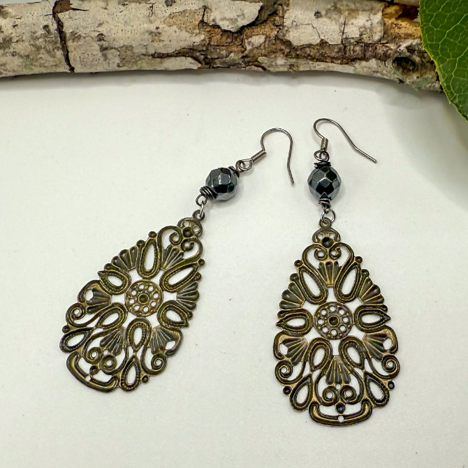 Spirit Lala Vintage Coin: Pyrite Teardrop Filigree Earrings