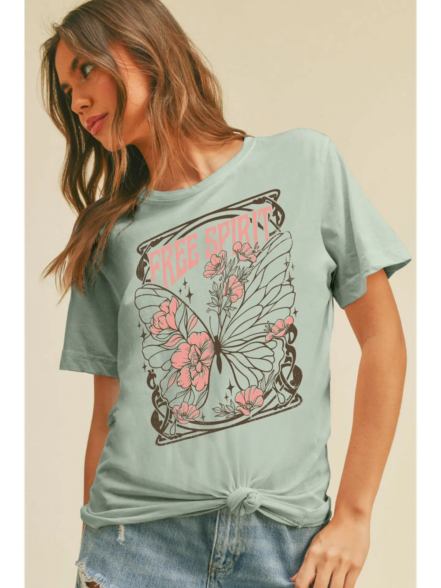 Free Spirit Butterfly Graphic Tee in Dusty Mint