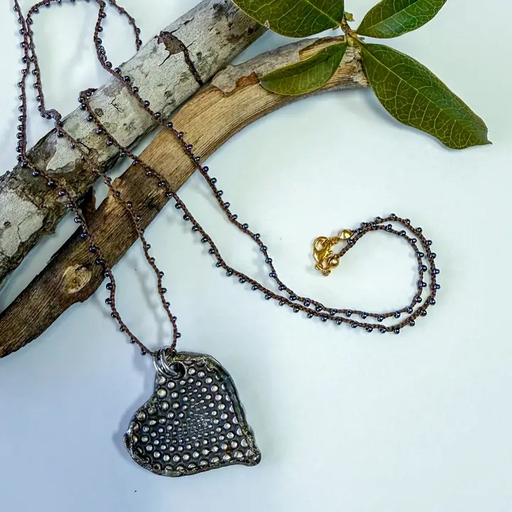Spirit Lala Vintage Coin: Crochet Pewter Heart Pendant