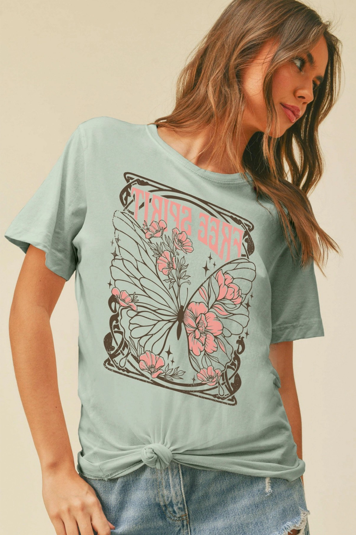 Free Spirit Butterfly Graphic Tee in Dusty Mint