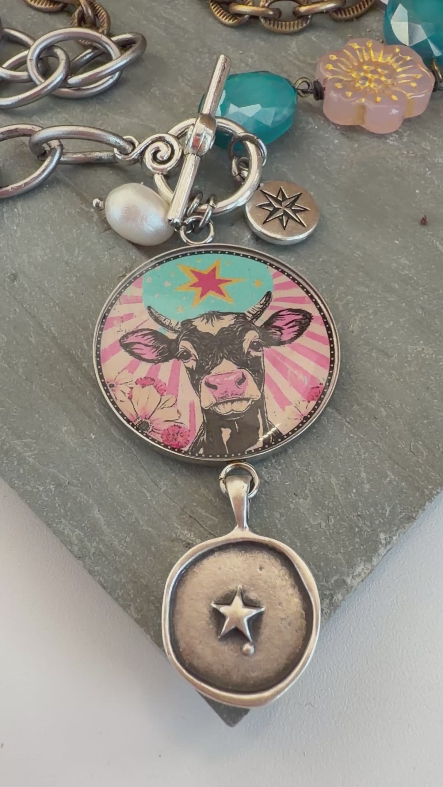 Spirit Lala: Cow Pop Art Pendant Toggle Clasp Crystal Chain Necklace