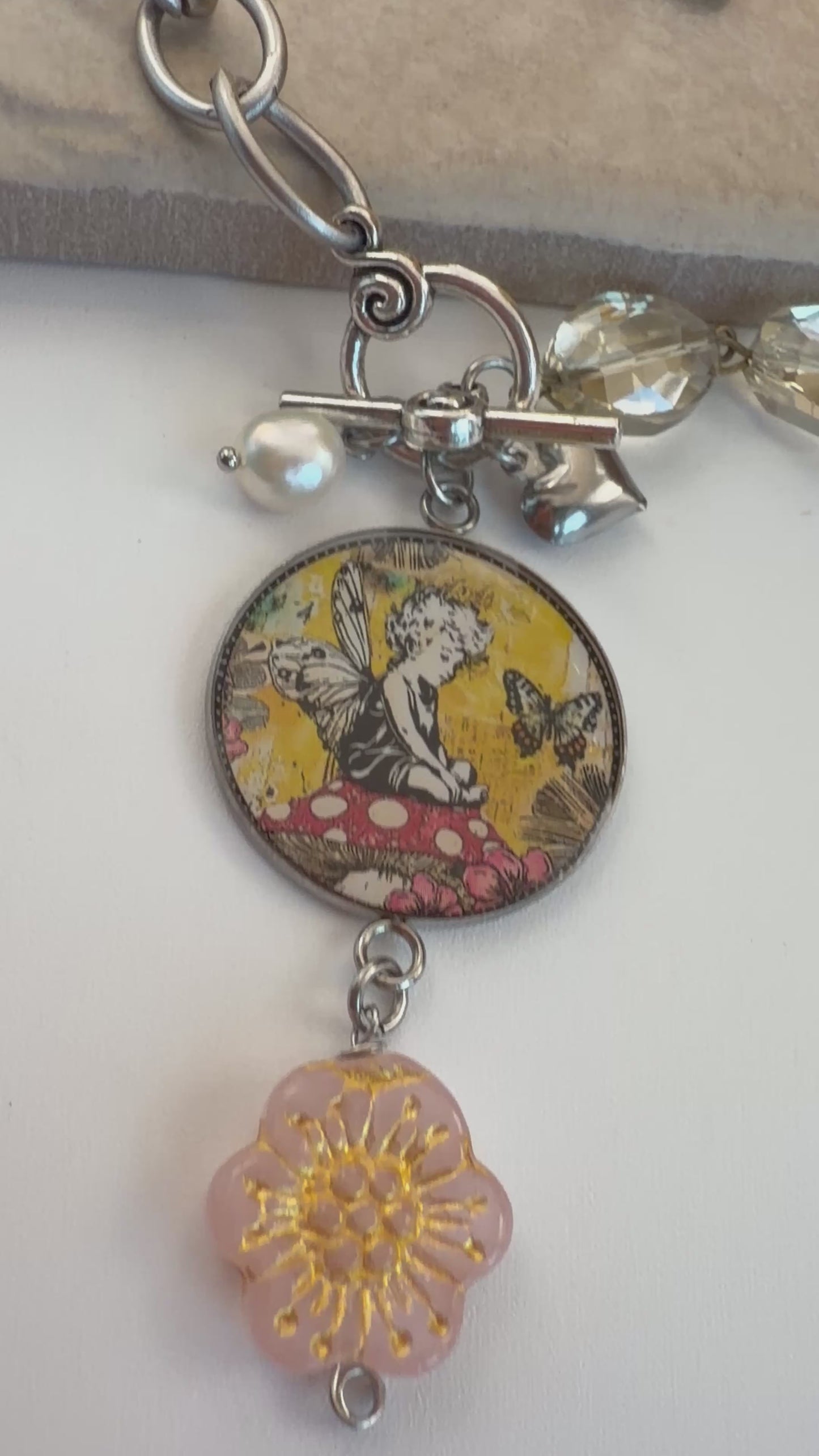 Spirit Lala: Mushroom Angel Pop Art Pendant Toggle Clasp Crystal Chain Necklace