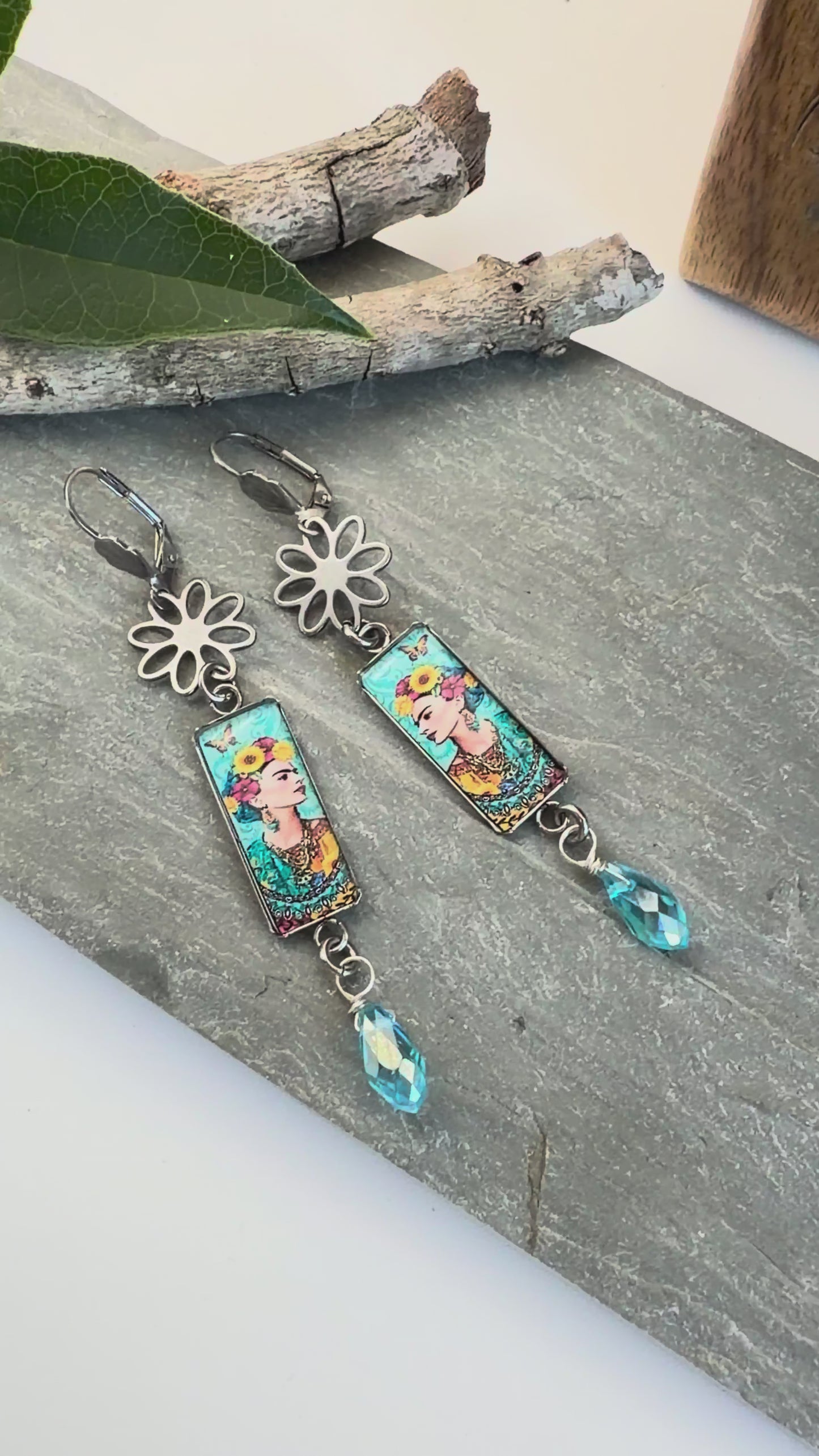 Spirit Lala: Blue Floral Frida Rectangle Daisy Earrings