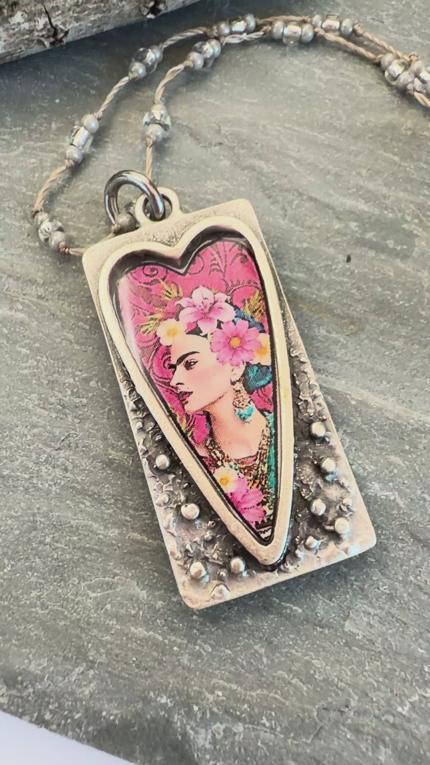 Spirit Lala: Rectangle Pink Floral Frida Crochet Necklace