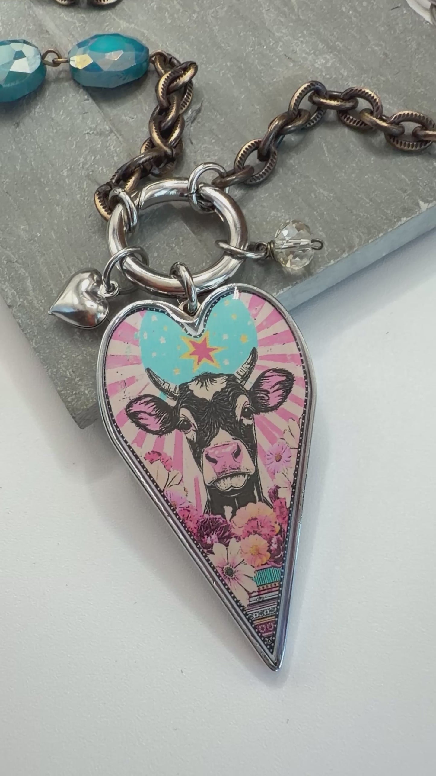 Spirit Lala: Cow Pop Art Heart Open Circle Crystal Chain Necklace