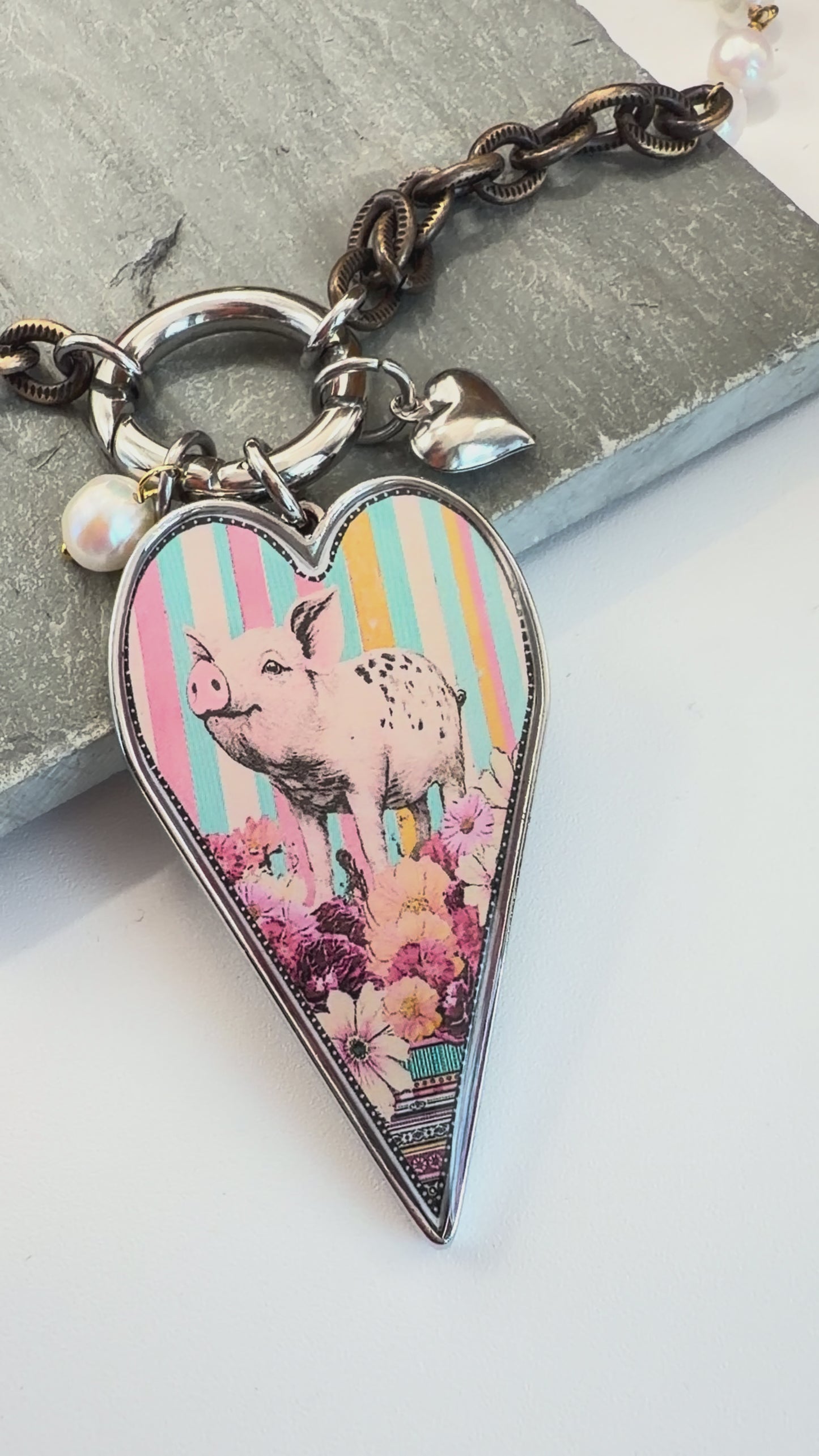 Spirit Lala: Pig Pop Art Heart Open Circle Crystal Chain Necklace