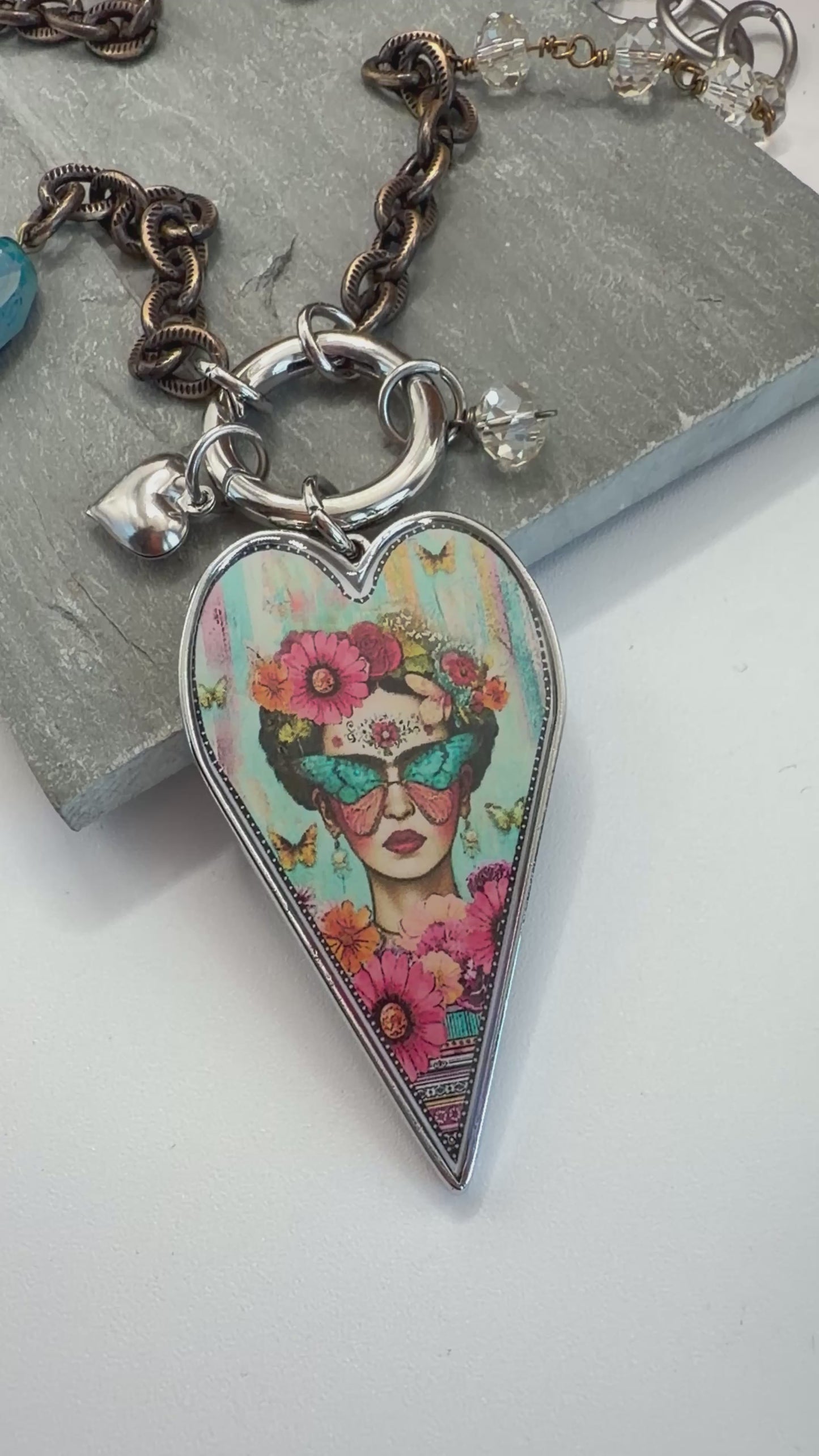 Spirit Lala: Frida Pop Art Heart Open Circle Crystal Chain Necklace