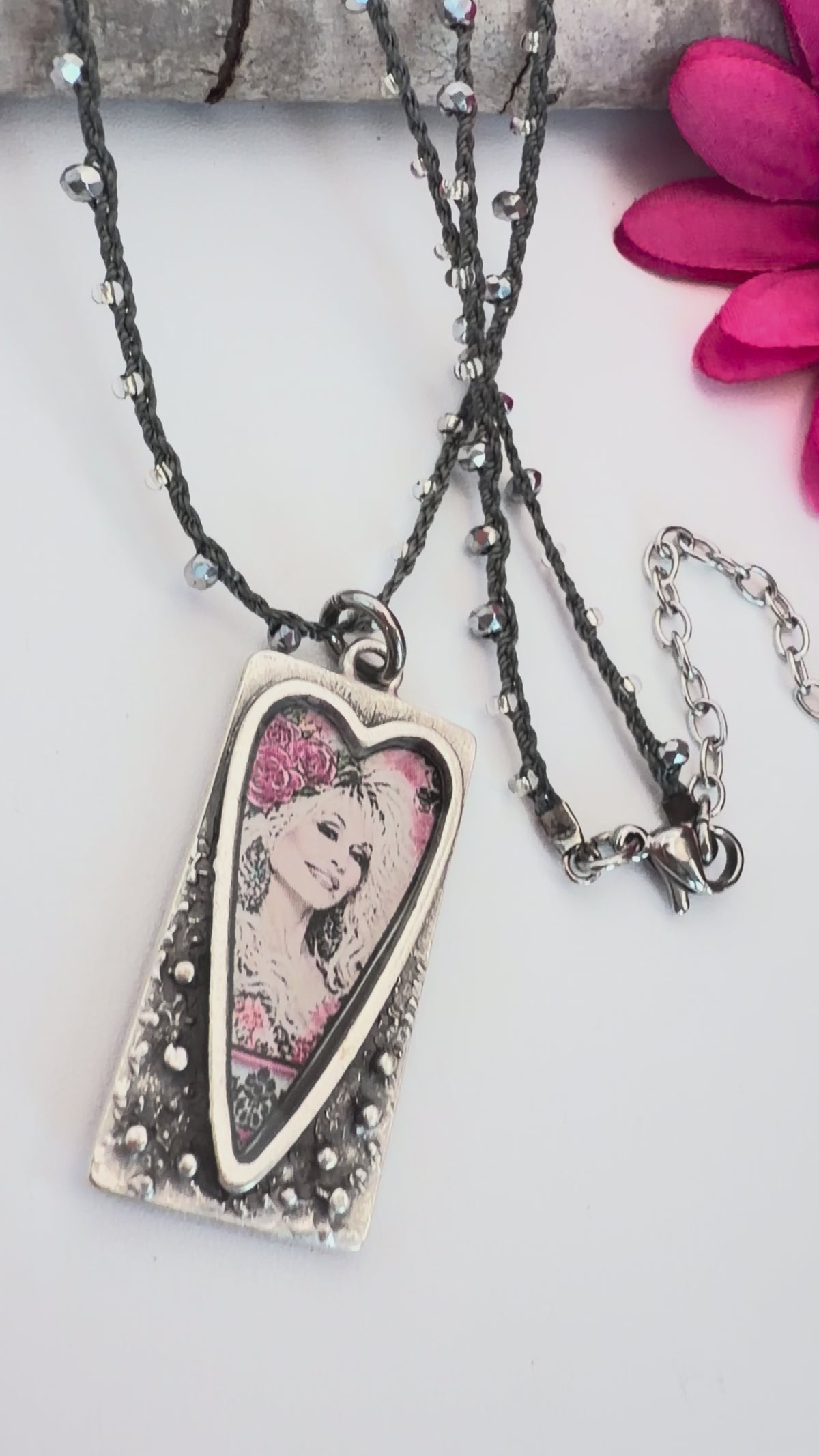 Spirit Lala: Rectangle Dolly Pink Crochet Necklace