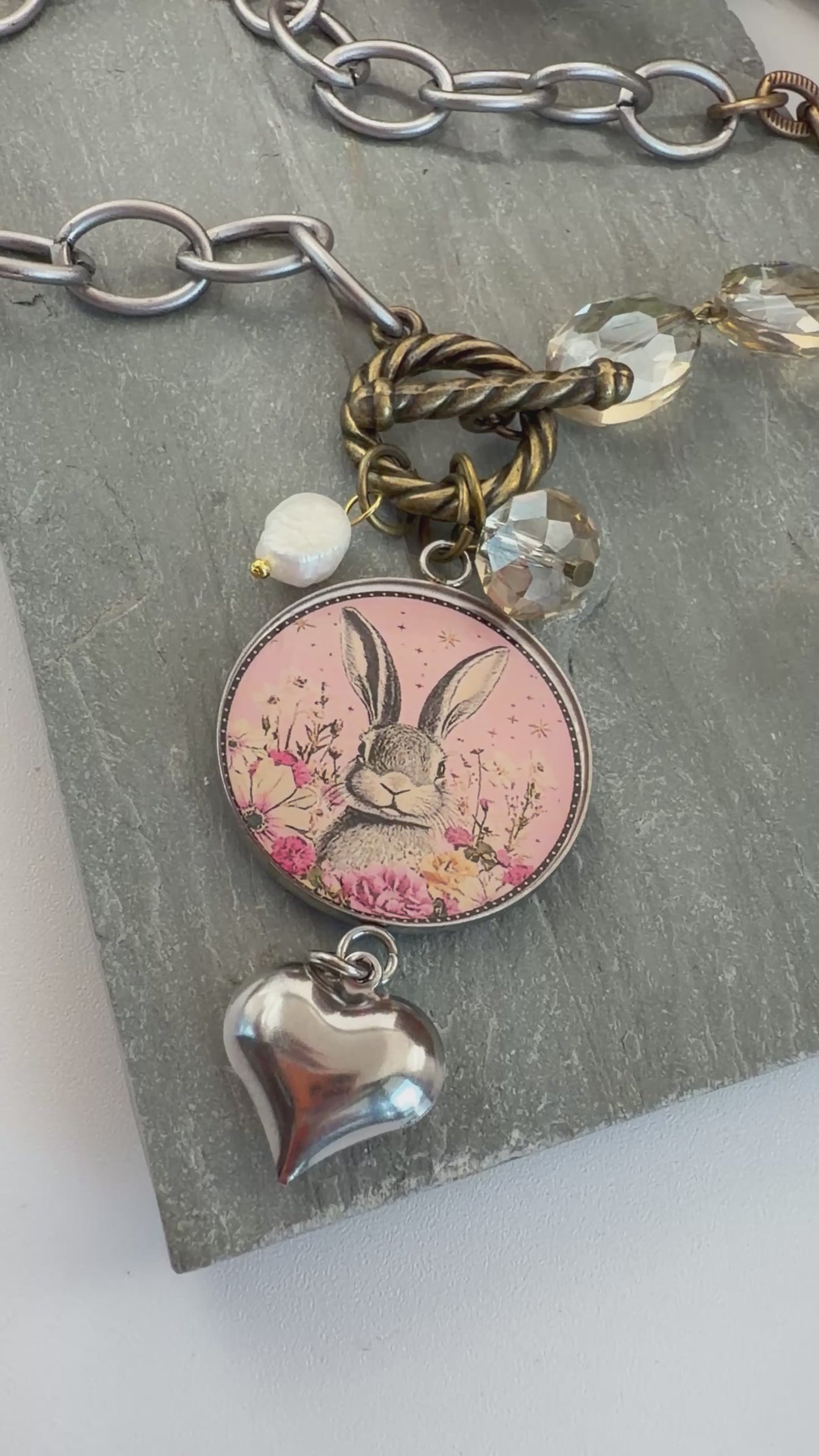 Spirit Lala: Rabbit Pop Art Pendant Toggle Clasp Crystal Chain Necklace