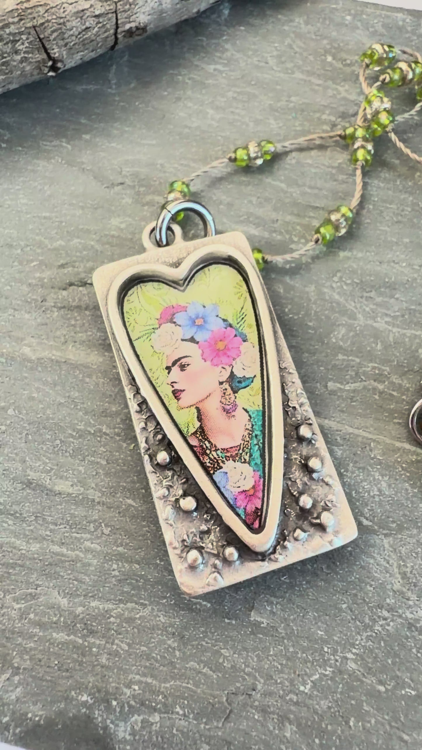 Spirit Lala: Rectangle Green Floral Frida Crochet Necklace