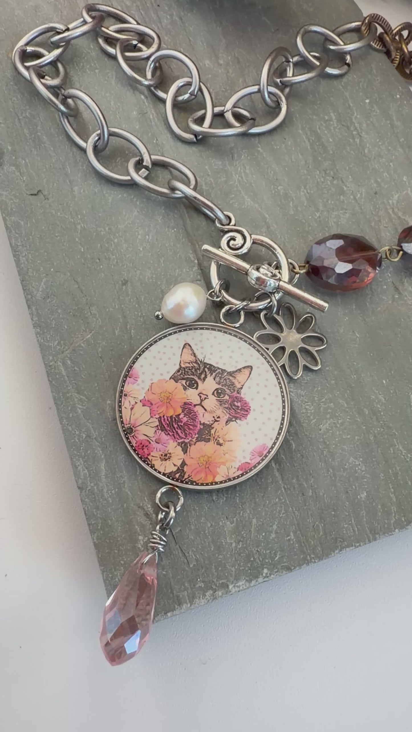 Spirit Lala: Cat Pop Art Pendant Toggle Clasp Crystal Chain Necklace