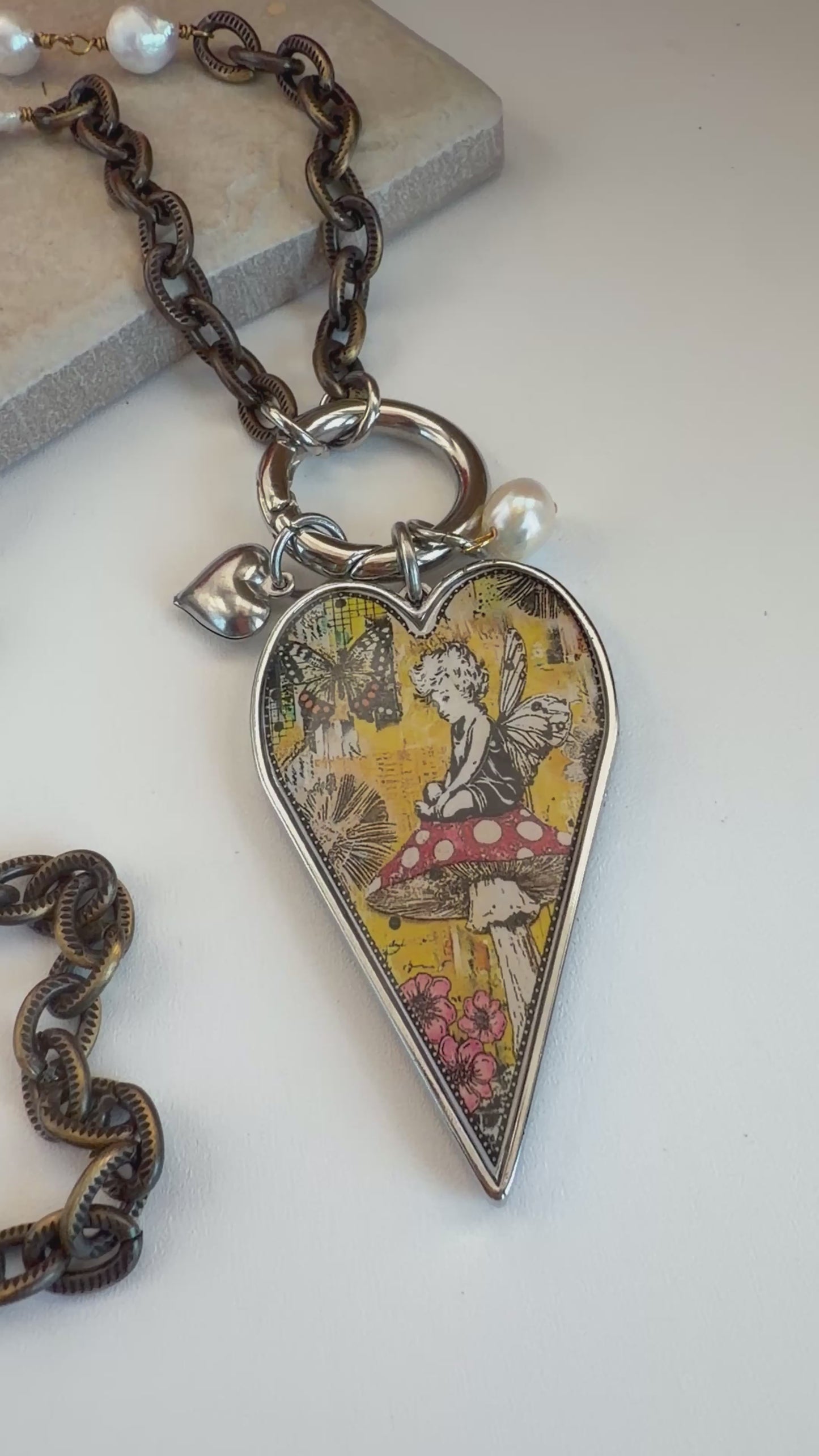 Spirit Lala: Mushroom Angel Pop Art Heart Open Circle Crystal Chain Necklace