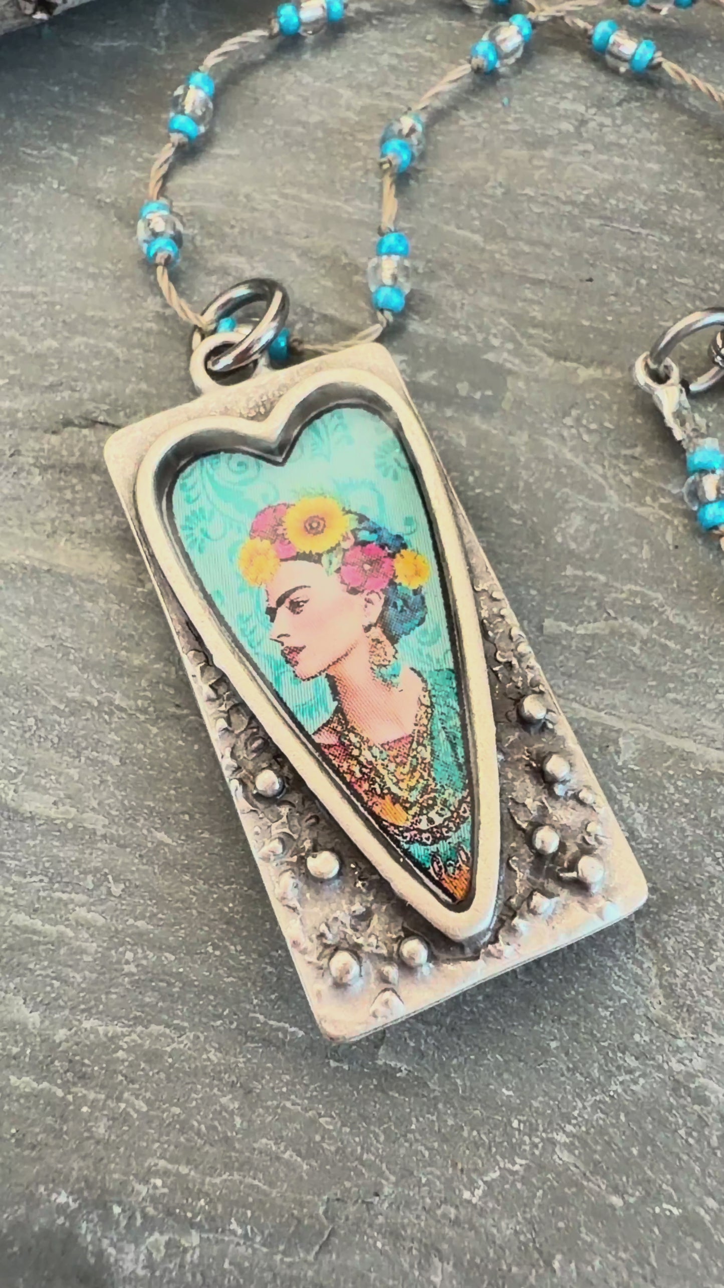Spirit Lala: Rectangle Blue Floral Frida Crochet Necklace