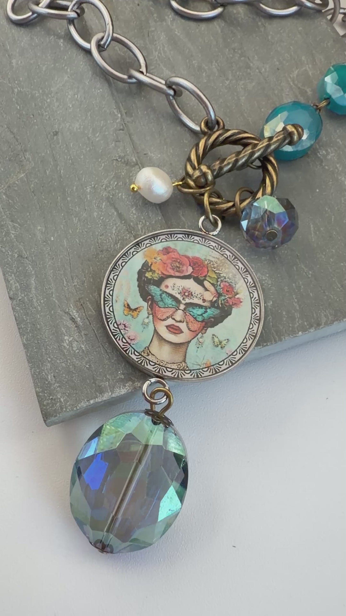 Spirit Lala: Frida Pop Art Pendant Toggle Clasp Crystal Chain Necklace