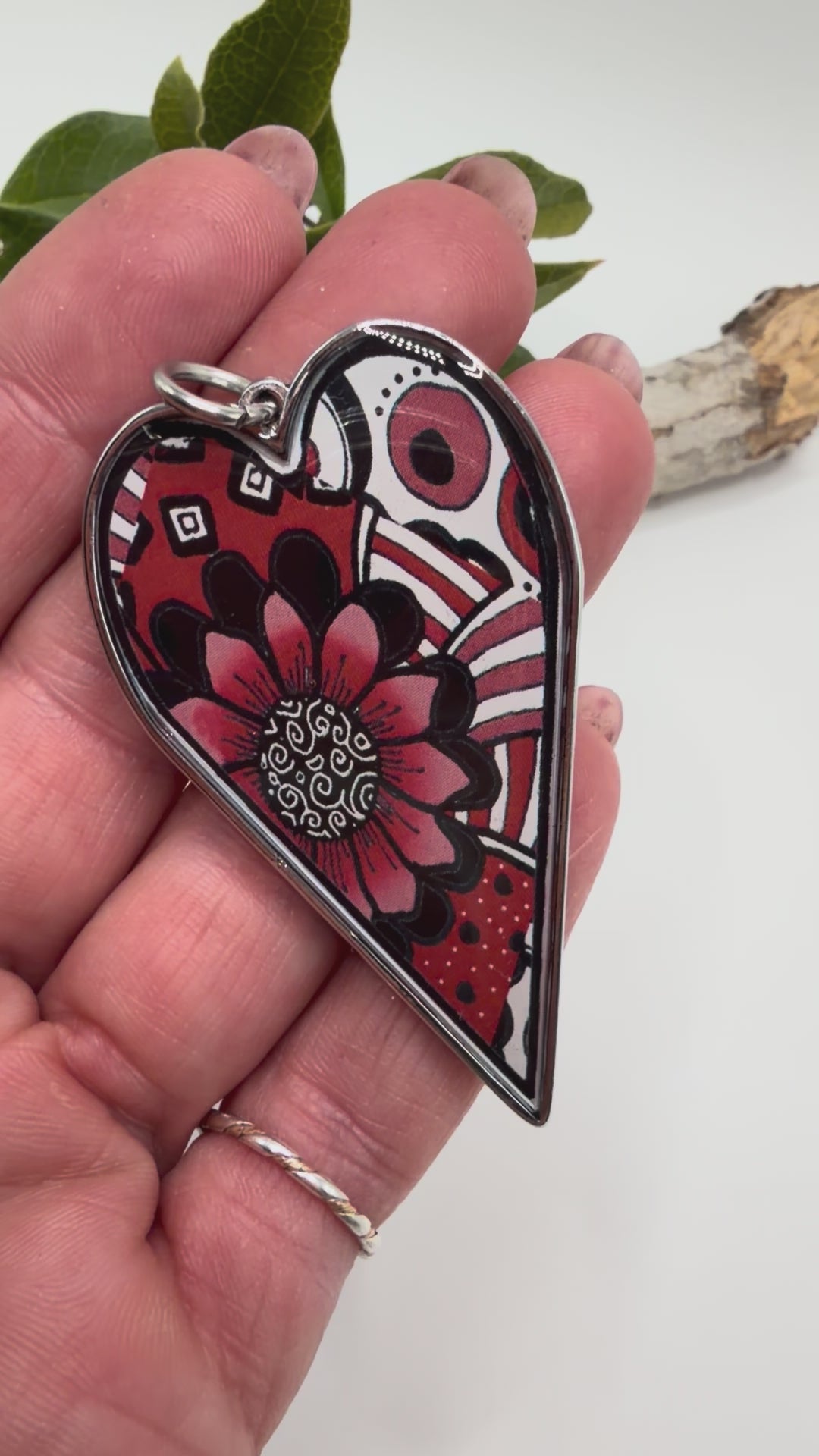 Spirit Lala: Large Black Red Flower Heart Pendant Necklace