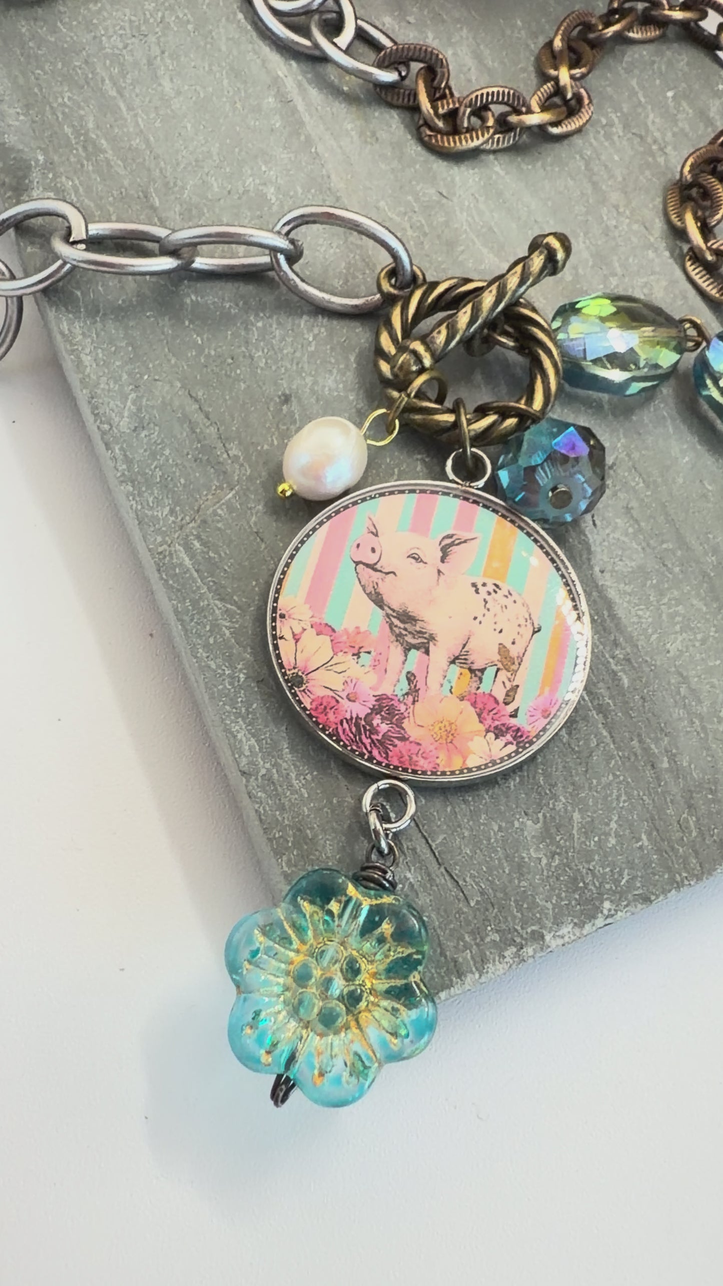 Spirit Lala: Pig Pop Art Pendant Toggle Clasp Crystal Chain Necklace