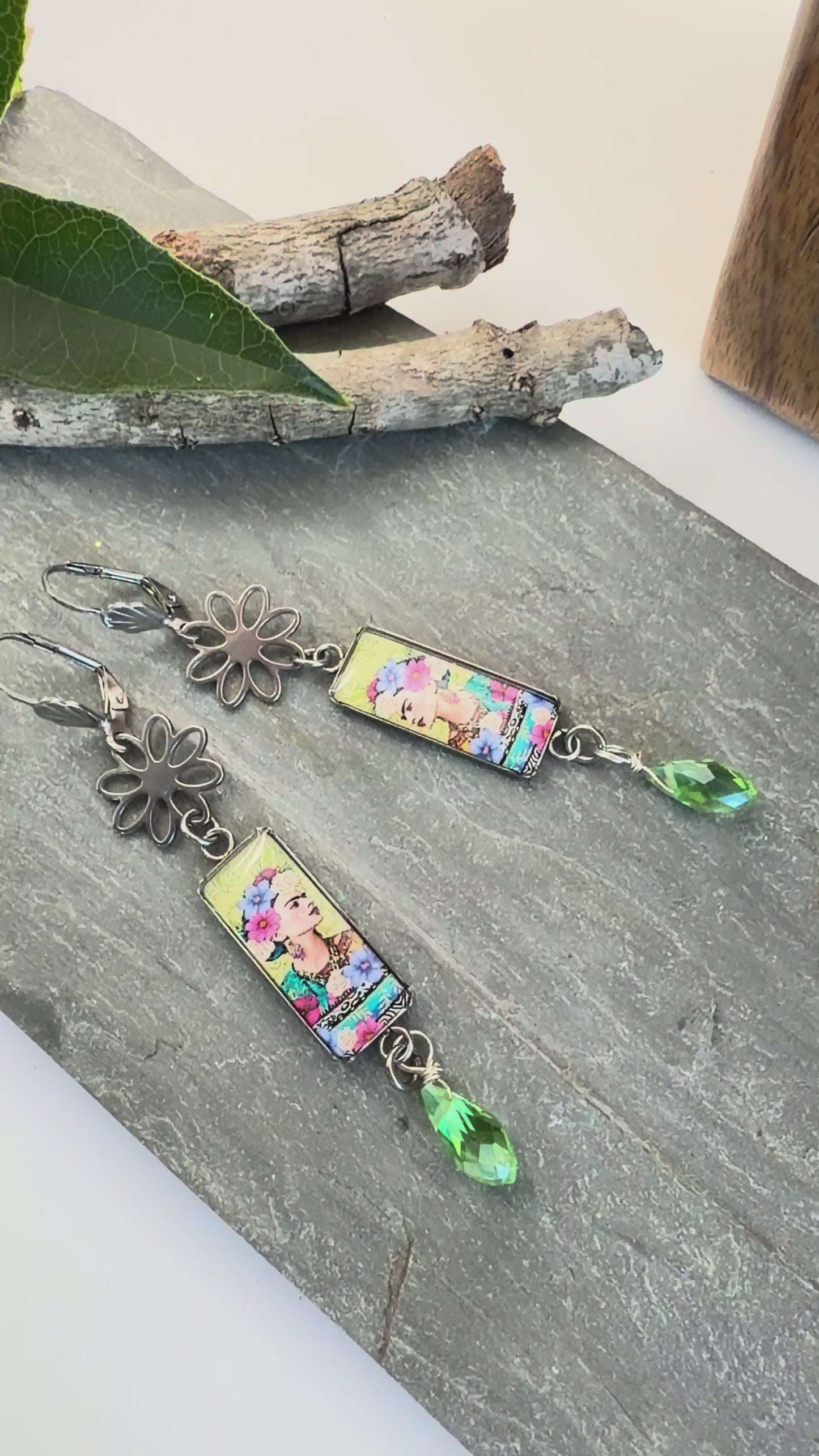 Spirit Lala: Green Floral Frida Rectangle Daisy Earrings