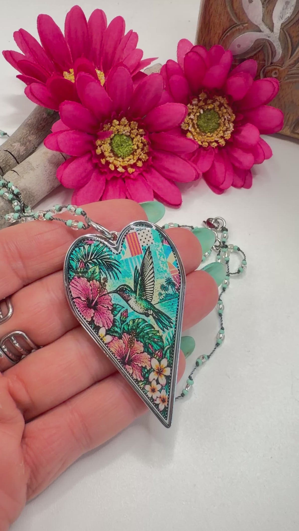 Spirit Lala: Long Heart Pop Art Hummingbird Necklace