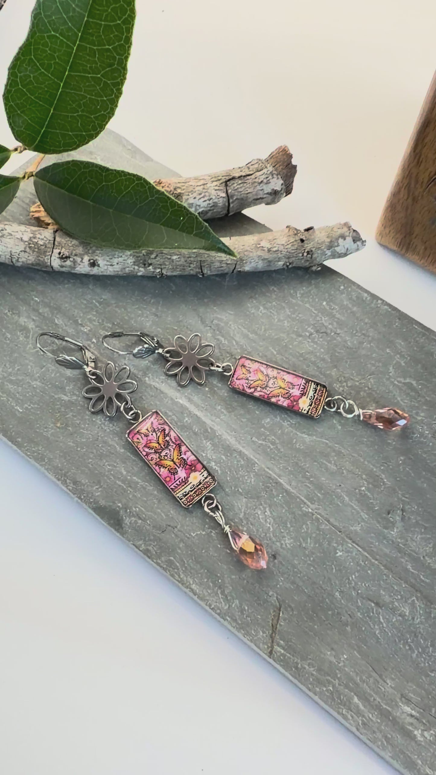 Spirit Lala: Pink Butterfly Rectangle Daisy Earrings