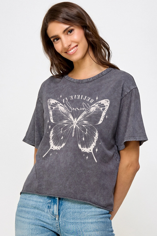 Believe In Yourself Butterfly Tee in Vintage Charcoal