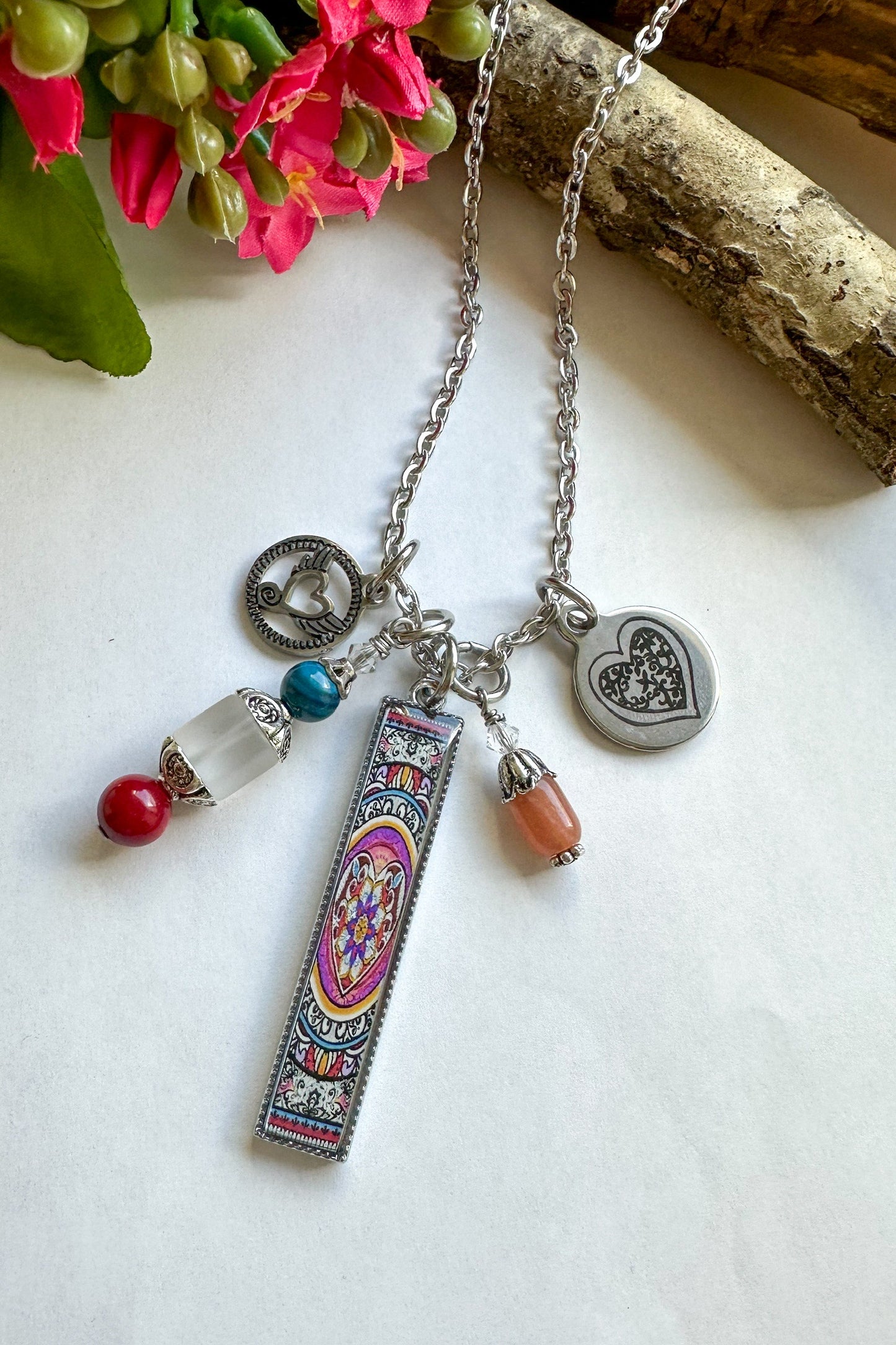 Spirit Lala: Rectangle Heart Statement Charm Necklace - SpiritedBoutiques Boho Hippie Boutique Style Necklace, Spirit Lala