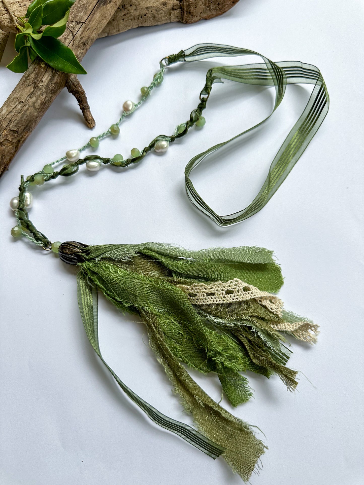 The Ashley Pearl Tie Necklace in Green - SpiritedBoutiques Boho Hippie Boutique Style Necklace, Spirit Lala Boho