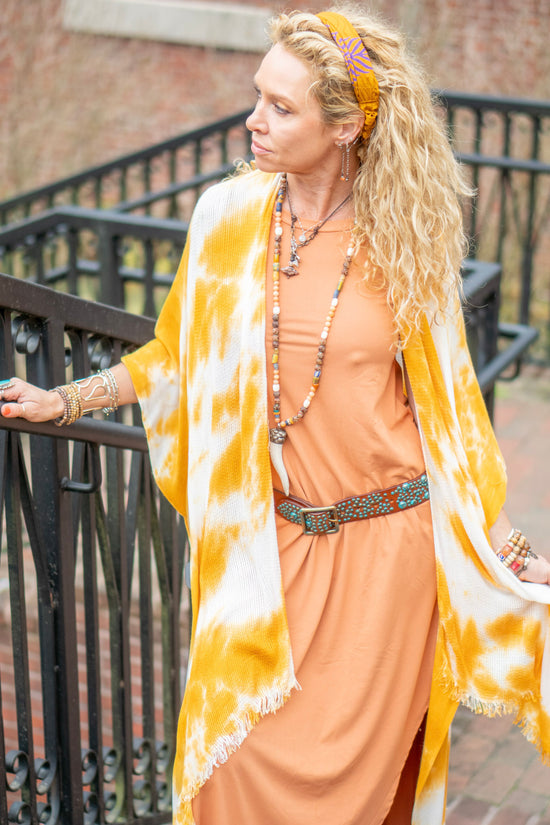 The Melina Kimono in Mustard - SpiritedBoutiques Boho Hippie Boutique Style Kimono, Leto