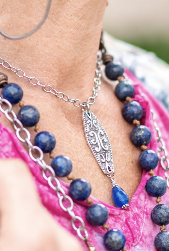 Scroll Diamond Gem Drop Necklace in Lapis - SpiritedBoutiques Boho Hippie Boutique Style Necklace, Spirit Lala Boho