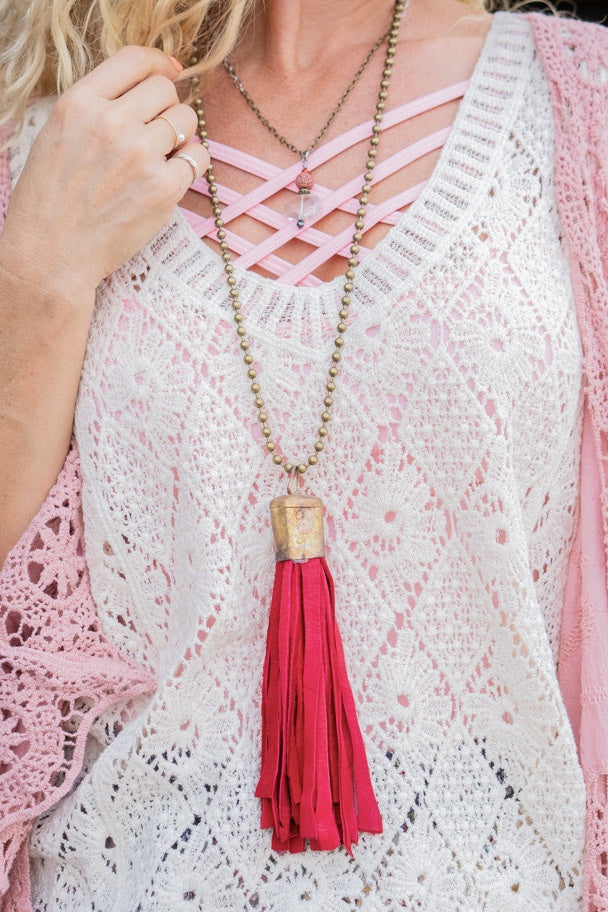 Spring Gypsy Tassel Necklace in Red - SpiritedBoutiques Boho Hippie Boutique Style Necklace, Art by Amy